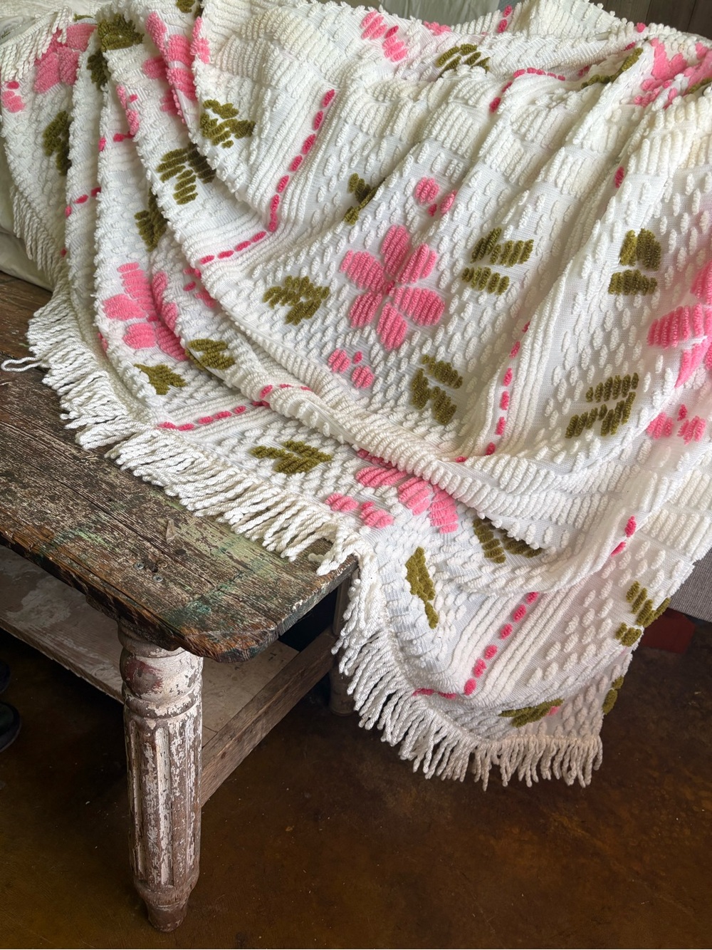 White Chenille Throw Blanket with Pink Floral Pattern